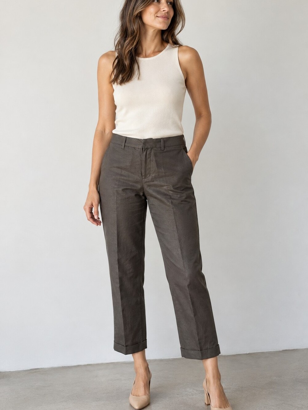 Vince Womens 29 Brown Silk Linen Cotton Blend Cropped Cuffed Pants Trousers